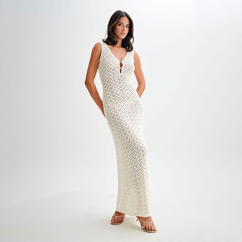 Women Hollow Knitted Beach Dress Summer Sleeveless Slim Cover-up Dress